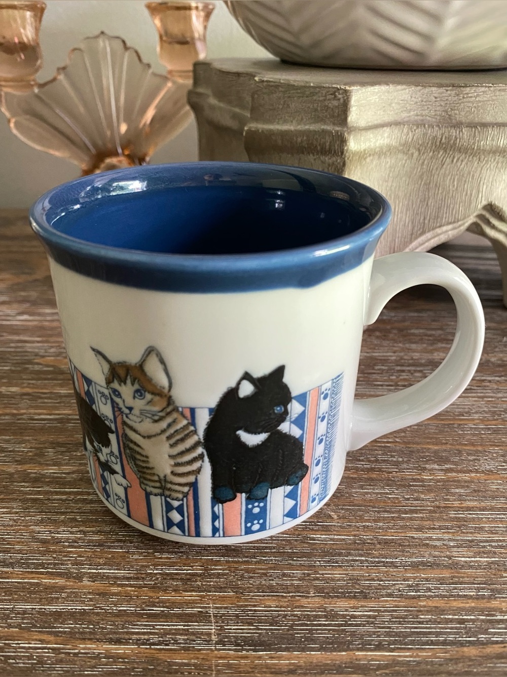 Vintage Otagiri Japan Embossed Cats Cat Coffee Tea Collectors Mug Blue White